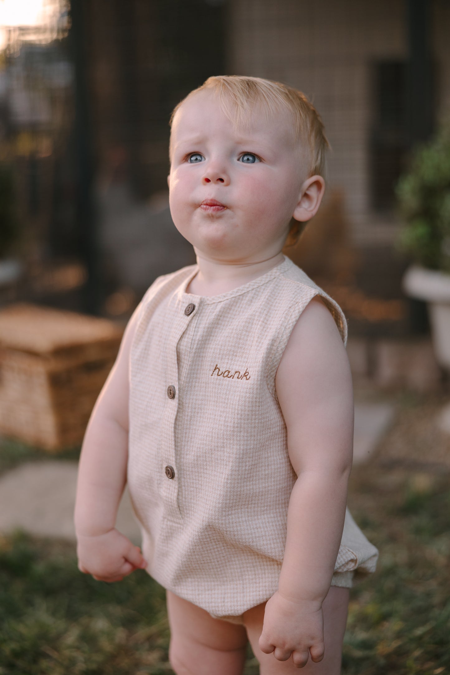 Picnic Gingham Romper in Tan