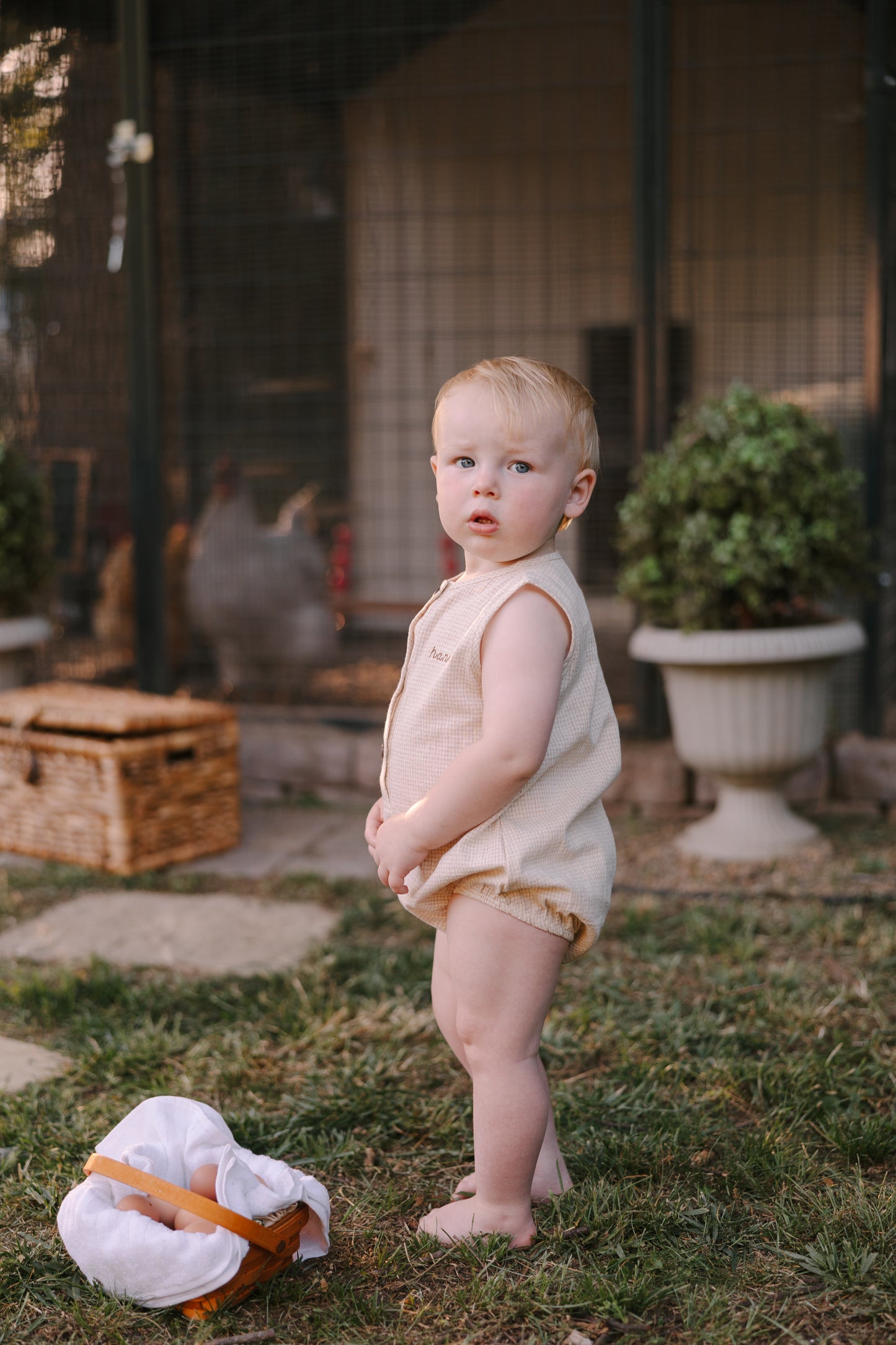 Picnic Gingham Romper in Tan