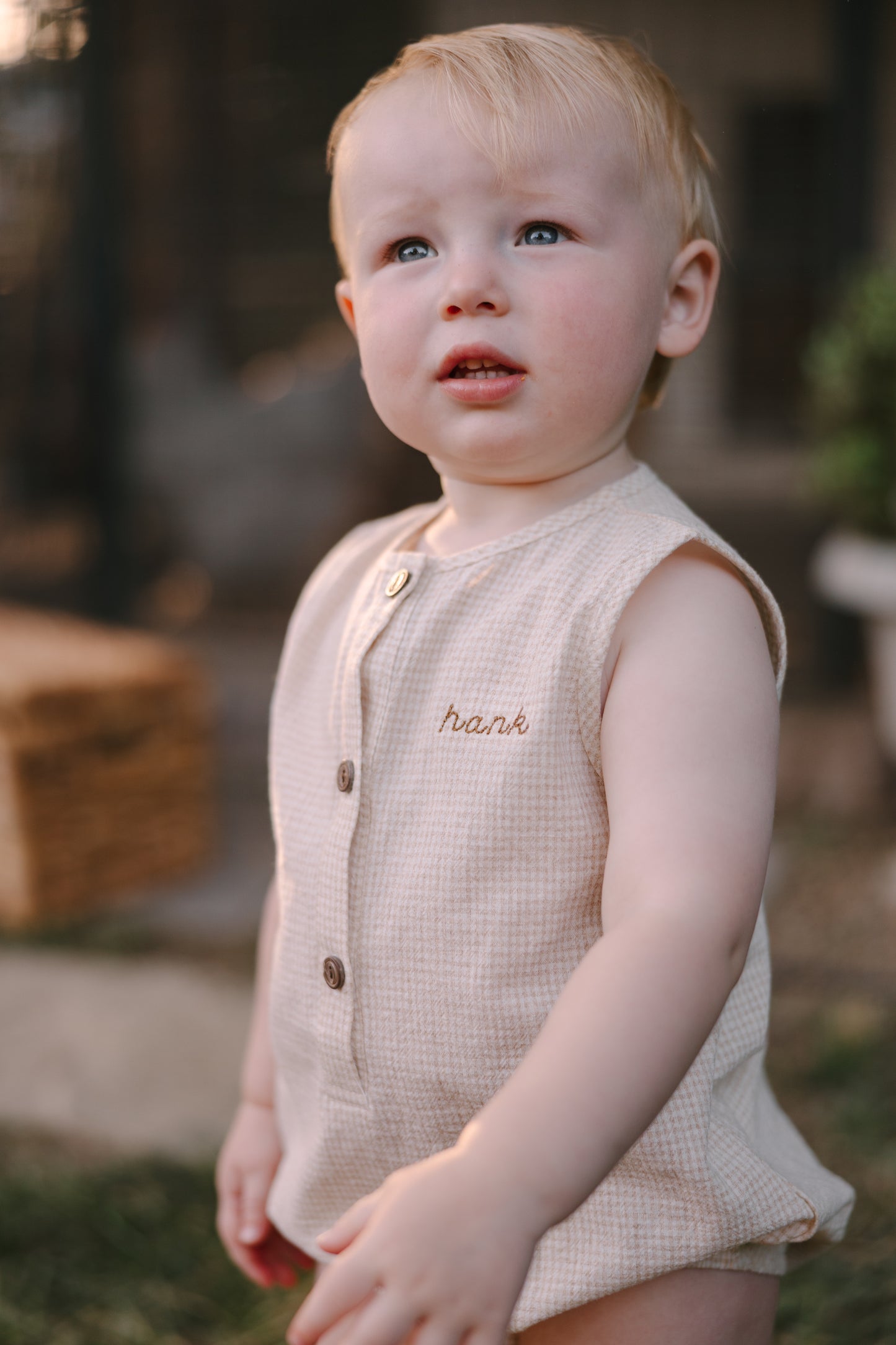 Picnic Gingham Romper in Tan