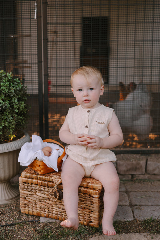 Picnic Gingham Romper in Tan